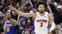 Detroit Pistons guard Cade Cunningham (2) celebrates in the first half against the New York Knicks during game three of first round for the 2024 NBA Playoffs at Little Caesars Arena.