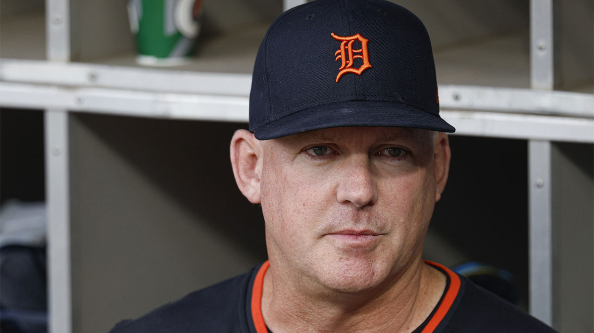 Detroit Tigers manager A.J. Hinch (14) looks on from the dugout before a baseball game against the Chicago White Sox at Rate Field.
