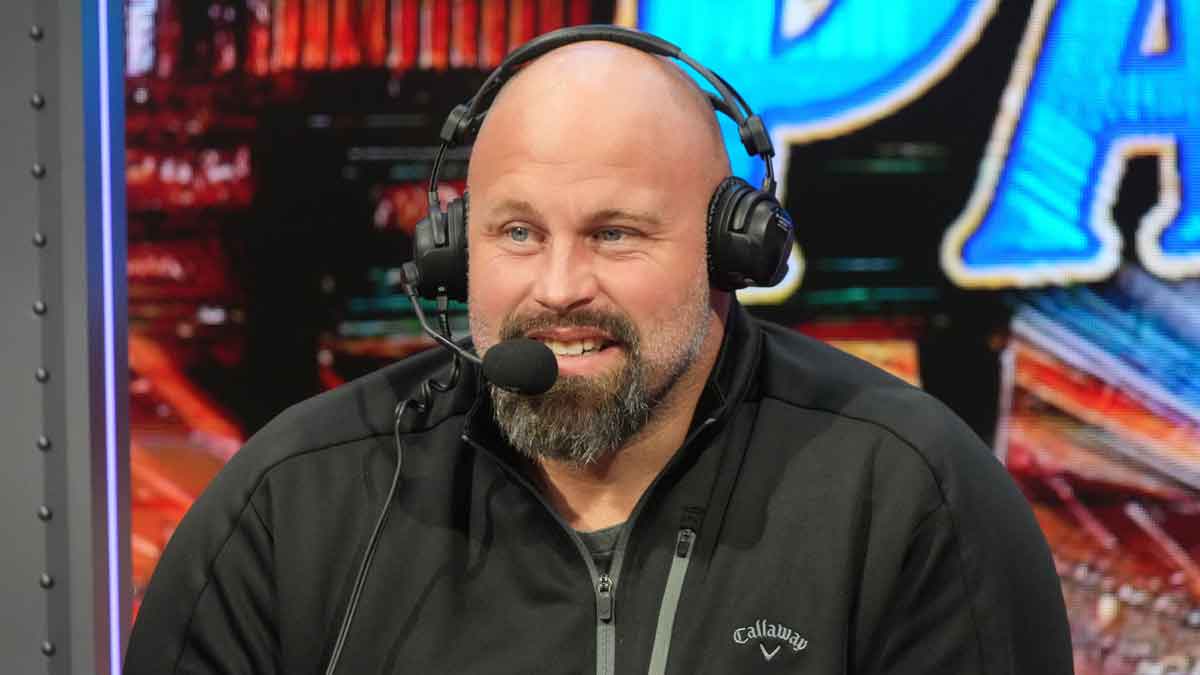 A.Q. Shipley on the Pat McAfee Show set on Radio Row at the Super Bowl LIX media center.