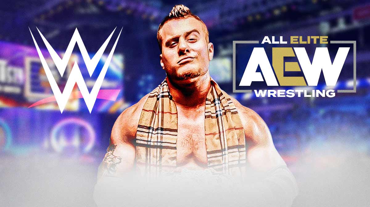 Maxwell Jacob Friedman (MJF) in between WWE and AEW logos.