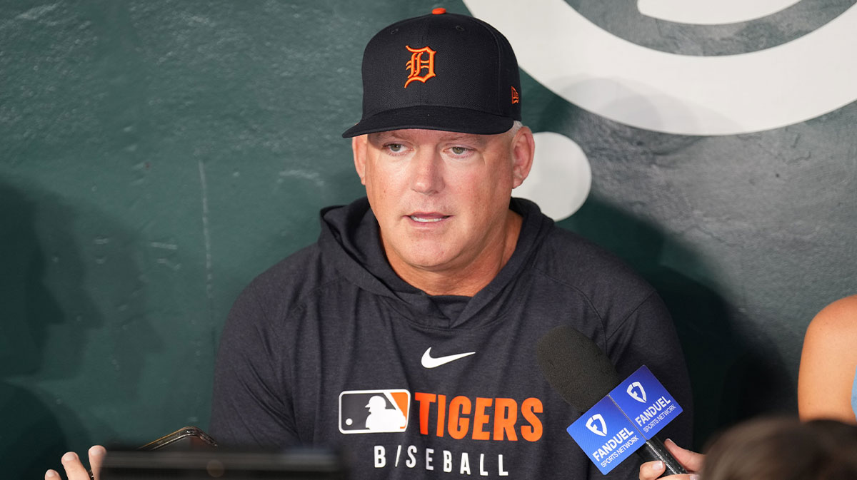 Detroit Tigers manager A.J. Hinch speaks to members of the media before the game against the Texas Rangers at Globe Life Field.