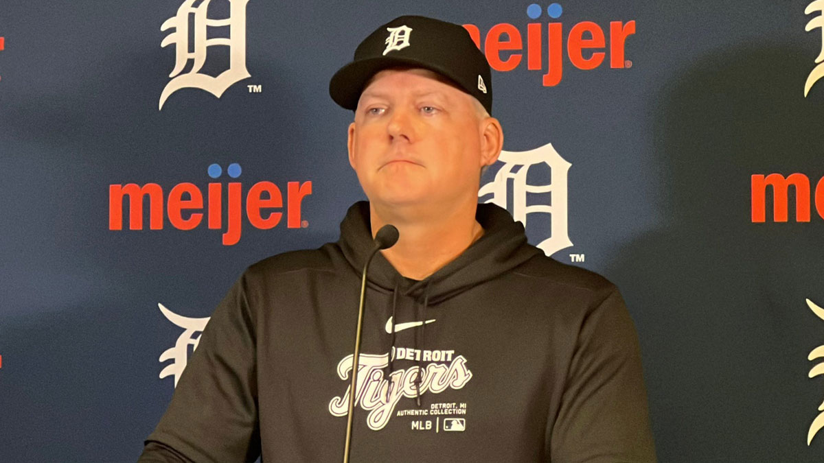 Detroit Tigers manager A.J. Hinch speaks to reporters April 5, 2024, before the home opener at Comerica Park.