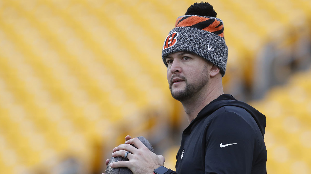 Cincinnati Bengals quarterback AJ McCarron (4) warms up before the game against the Pittsburgh Steelers at Acrisure Stadium.