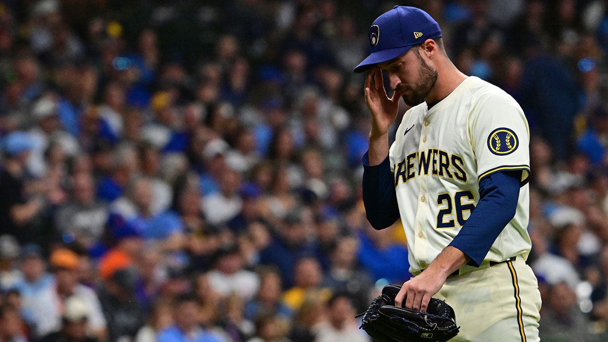 Oct 1, 2024; Milwaukee, Wisconsin, USA; Milwaukee Brewers pitcher Aaron Ashby (26) reacts after being replaced during the fifth inning against the New York Mets in game one of the Wildcard round for the 2024 MLB Playoffs at American Family Field. Mandatory Credit: Benny Sieu-Imagn Images