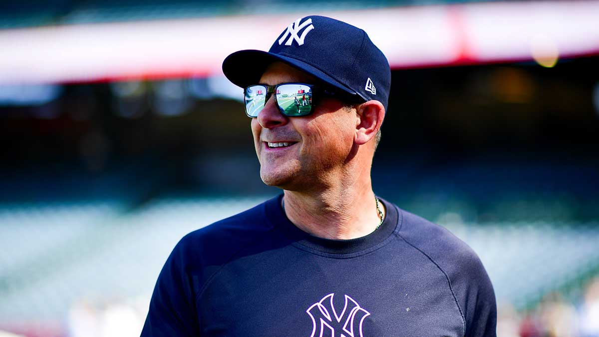 New York Yankees manager Aaron Boone (17) before the game against the Los Angeles Angels at Angel Stadium.