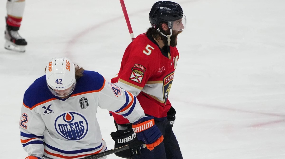 Florida Panthers defenseman Aaron Ekblad (5) celebrates scoring during the third period against Edmonton Oilers in game three of the 2025 Stanley Cup Final at Amerant Bank Arena.