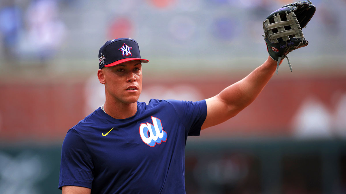 American League outfielder Aaron Judge (99) of the New York Yankees warms up before the 2025 MLB All Star Game at Truist Park.
