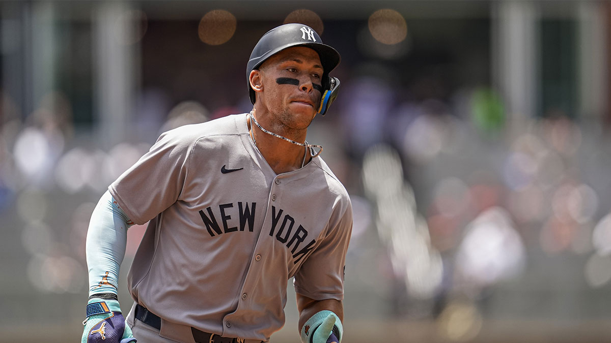 New York Yankees right fielder Aaron Judge (99) runs after hitting a home run against the Atlanta Braves during the first inning at Truist Park.