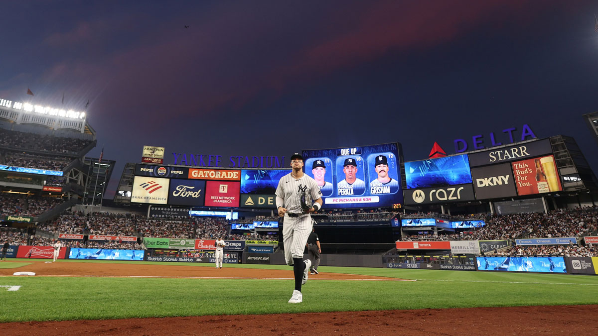 New York Yankees right fielder Aaron Judge (99) runs in after the top of the fifth inning against the Philadelphia Phillies at Yankee Stadium.