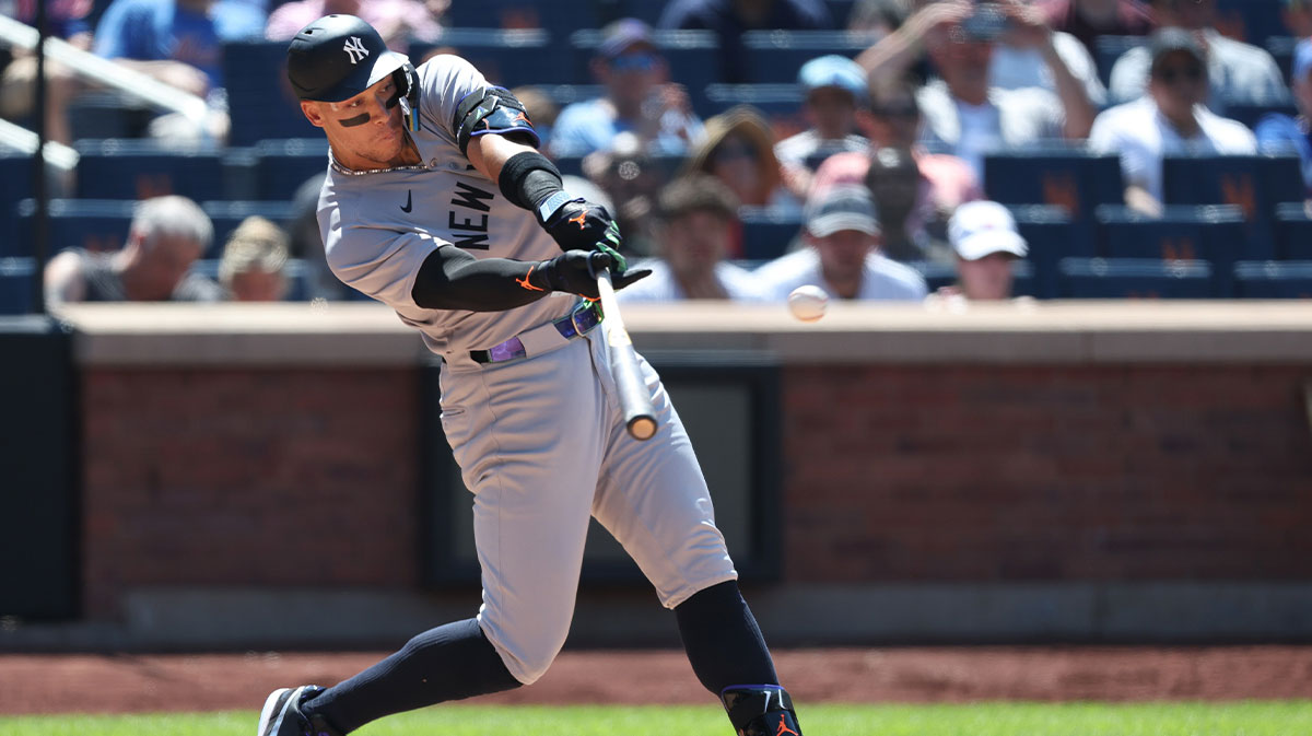 New York Yankees right fielder Aaron Judge (99) hits a two run home run during the fifth inning against the New York Mets at Citi Field.