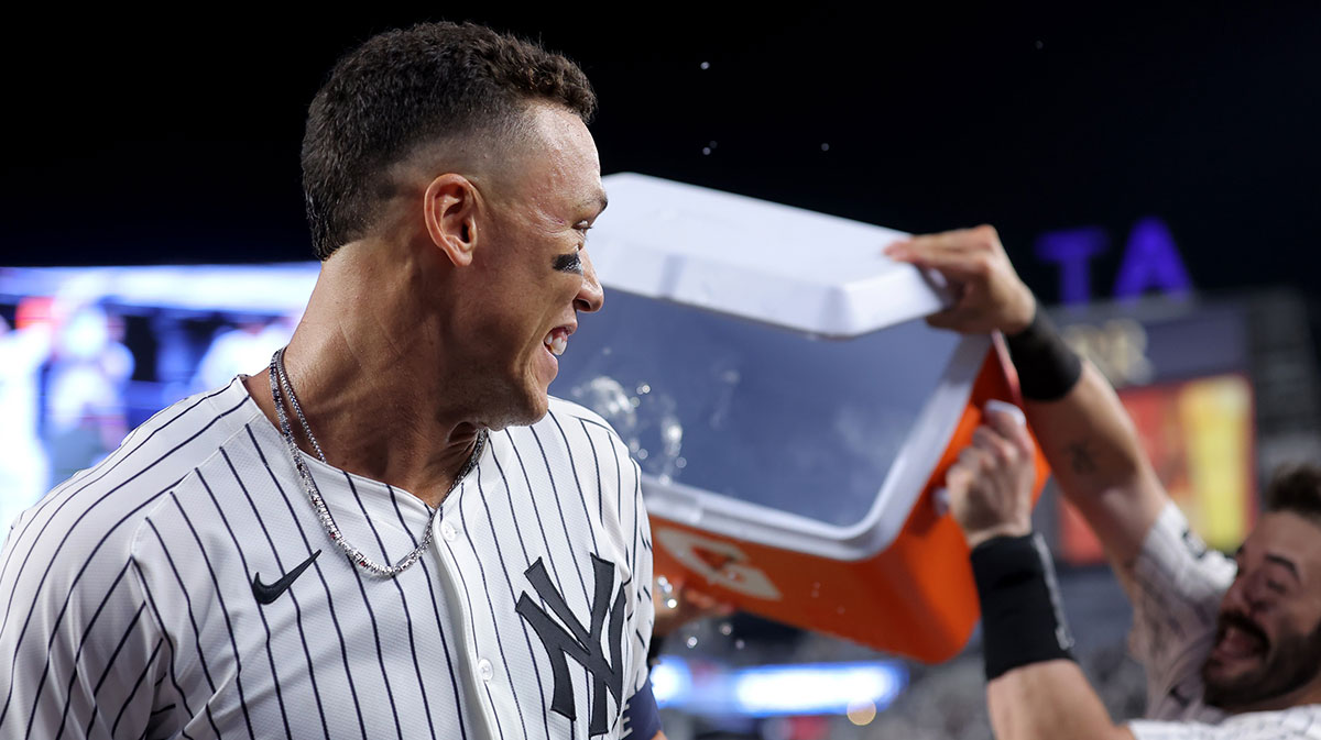 New York Yankees designated hitter Aaron Judge (99) prepares for an ice bath after his tenth inning walkoff sacrifice fly against the Seattle Mariners at Yankee Stadium.
