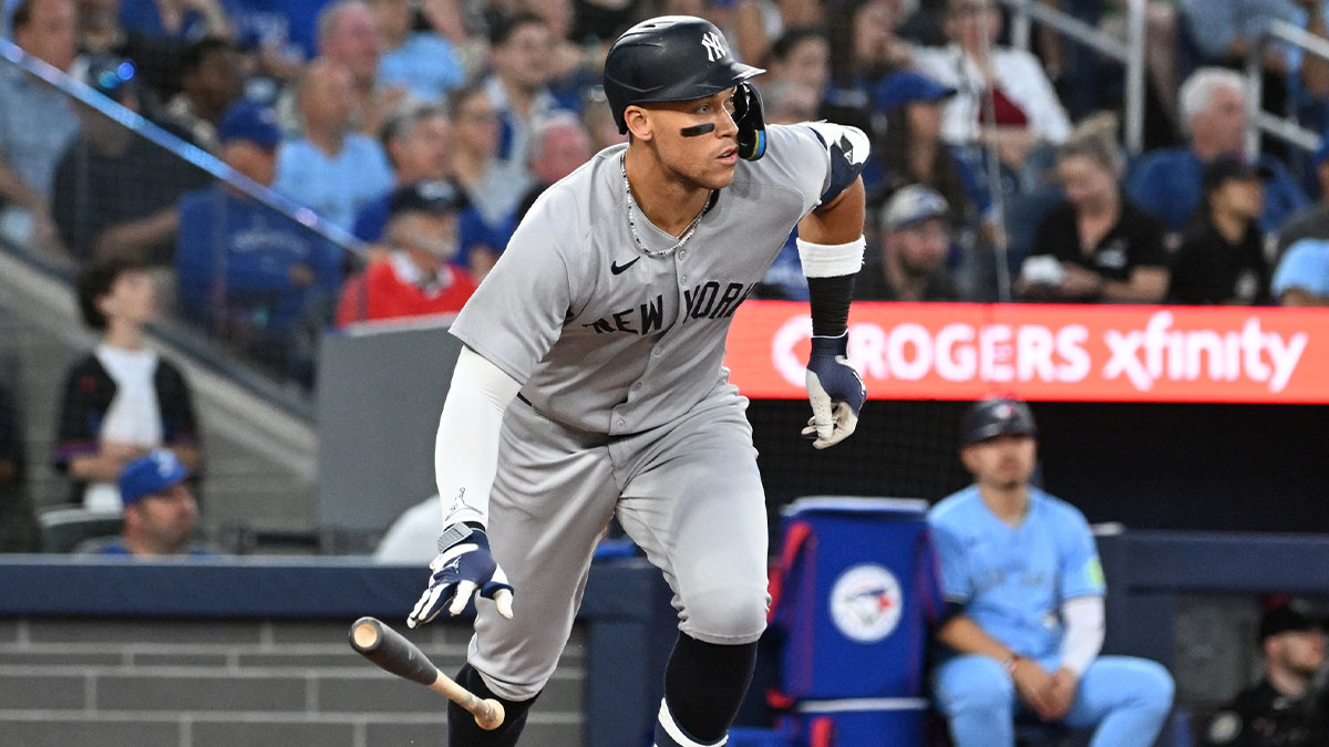 New York Yankees designated hitter Aaron Judge (99) hits a two run home run against the Toronto Blue Jays in the sixth inning at Rogers Centre.