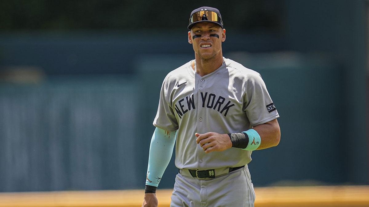 New York Yankees right fielder Aaron Judge (99) shown on the field prior to the game against the Atlanta Braves at Truist Park.