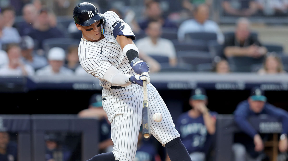Jul 8, 2025; Bronx, New York, USA; New York Yankees right fielder Aaron Judge (99) bats against the Seattle Mariners during the first inning at Yankee Stadium.