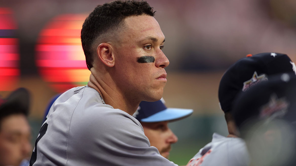 American League outfielder Aaron Judge (99) of the New York Yankees looks on first inning during the 2025 MLB All Star Game at Truist Park.