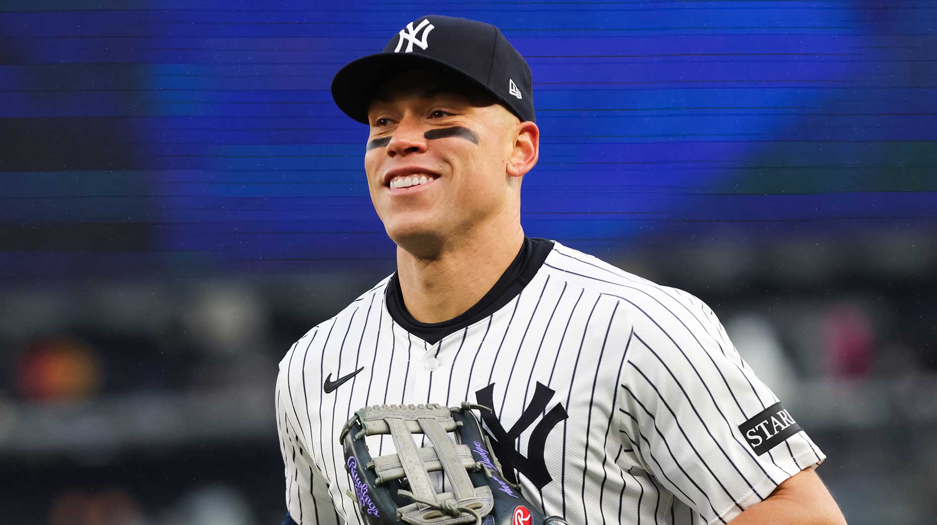 Apr 12, 2025; Bronx, New York, USA; New York Yankees outfielder Aaron Judge (99) reacts after catching a pop fly against the San Francisco Giants during the eighth inning at Yankee Stadium. Mandatory Credit: Tom Horak-Imagn Images