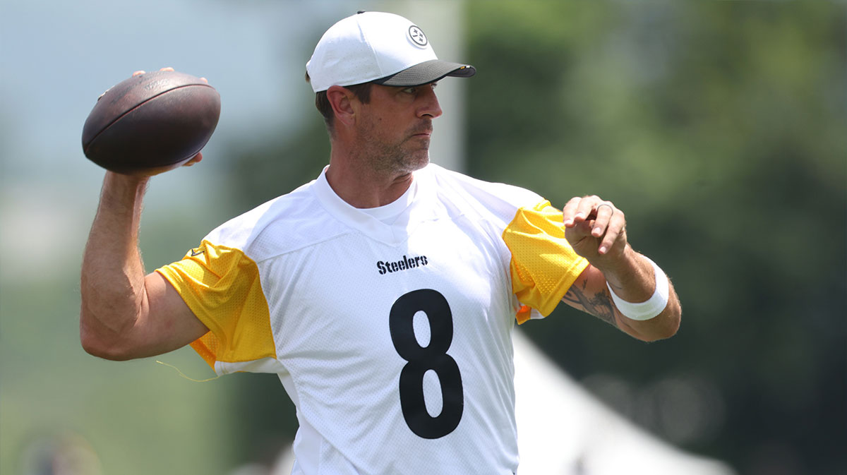 Pittsburgh Steelers quarterback Aaron Rodgers (8) participates in drills during training camp at Saint Vincent College.