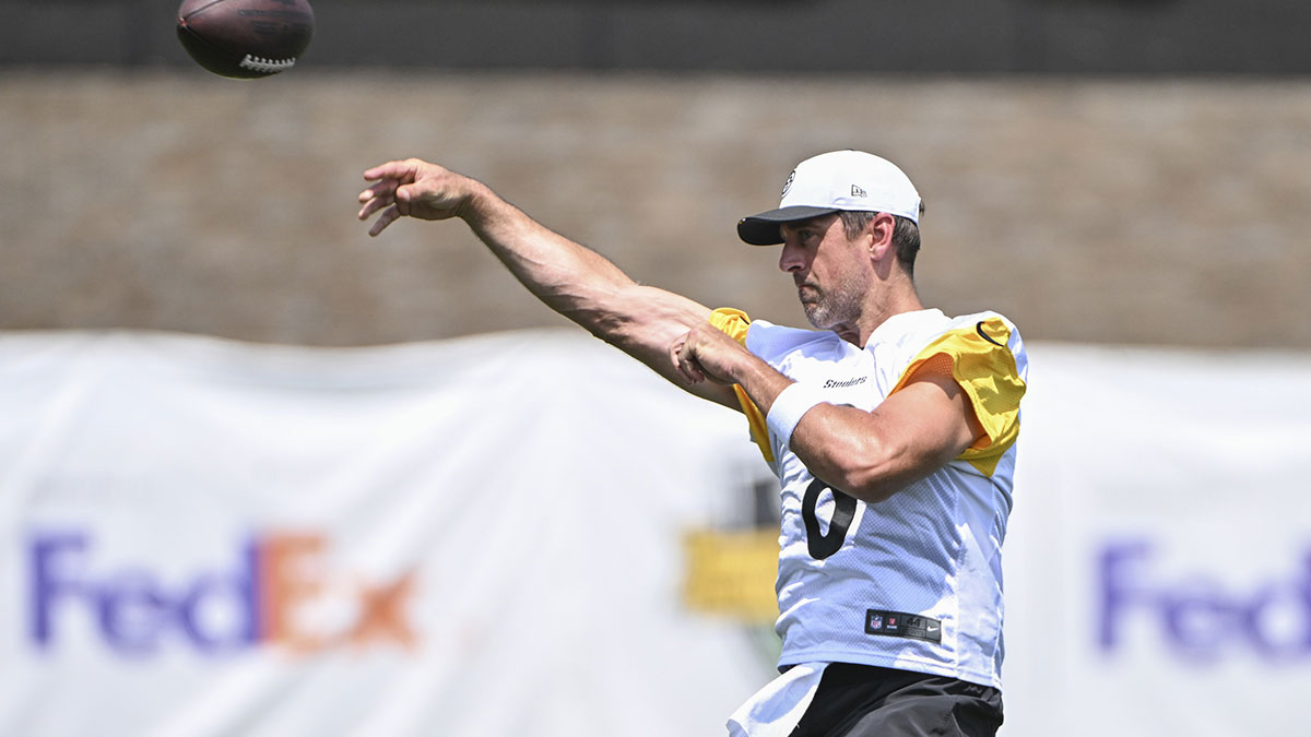 Pittsburgh Steelers quarterback Aaron Rodgers (8) participates in drills during training camp at Saint Vincent College.