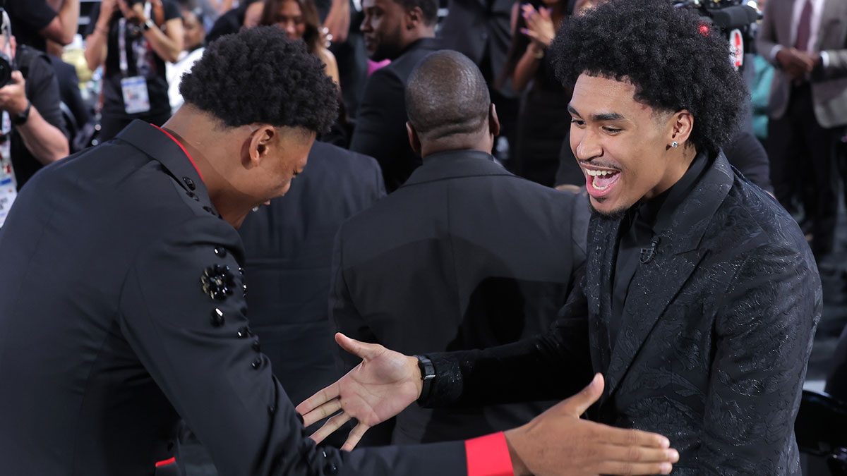 Dylan Harper celebrates with Ace Bailey after being selected as the second pick by the San Antonio Spurs in the first round of the 2025 NBA Draft at Barclays Center.