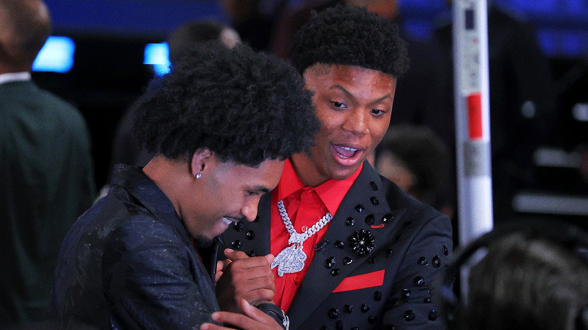 NY, USA; Dylan Harper and Ace Bailey before the 2025 NBA Draft at Barclays Center. Mandatory Credit: Brad Penner-Imagn Images