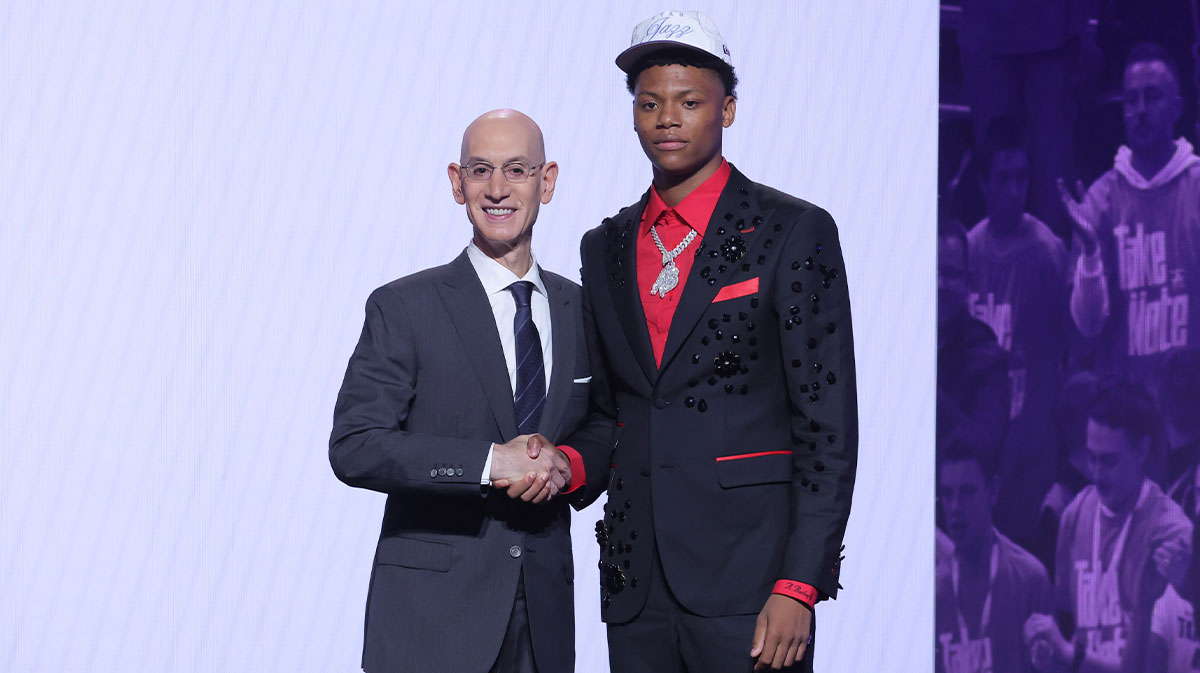 Ace Bailey stands with NBA commissioner Adam Silver after being selected as the fifth pick by the Utah Jazz in the first round of the 2025 NBA Draft at Barclays Center.