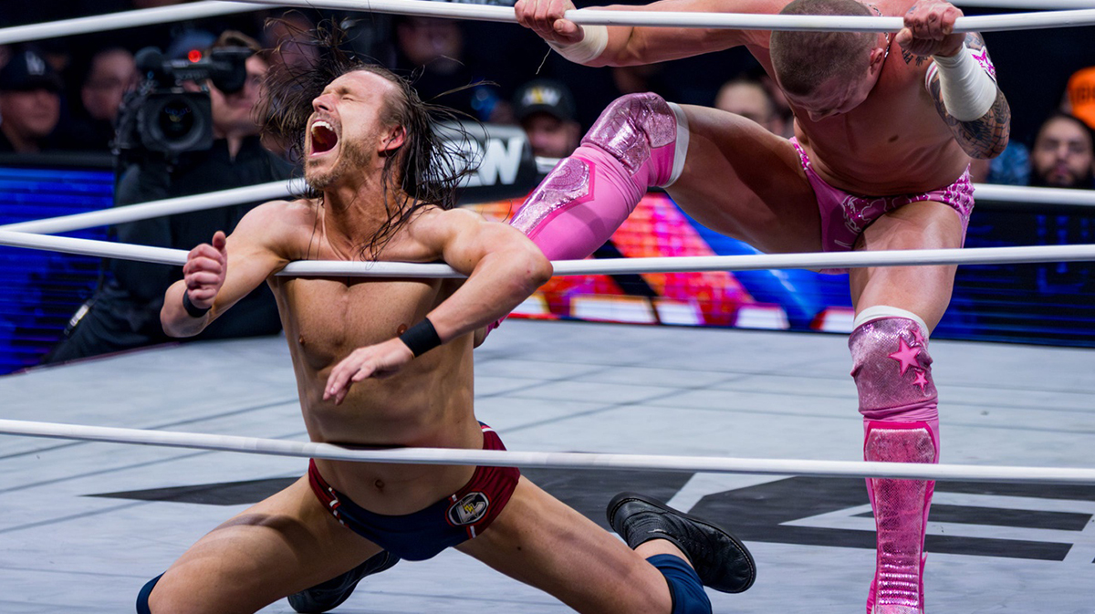 Adam Cole is kicked by Kyle Fletcher during the AEW “Dynamite” show on May 28, 2025, at El Paso County Coliseum.