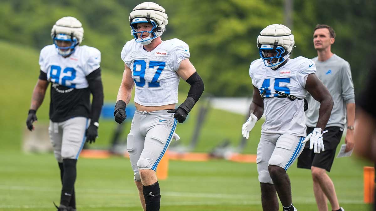 Detroit Lions defensive end Aidan Hutchinson (97) practices during training camp at Meijer Performance Center in Allen Park on Saturday, July 26, 2025.