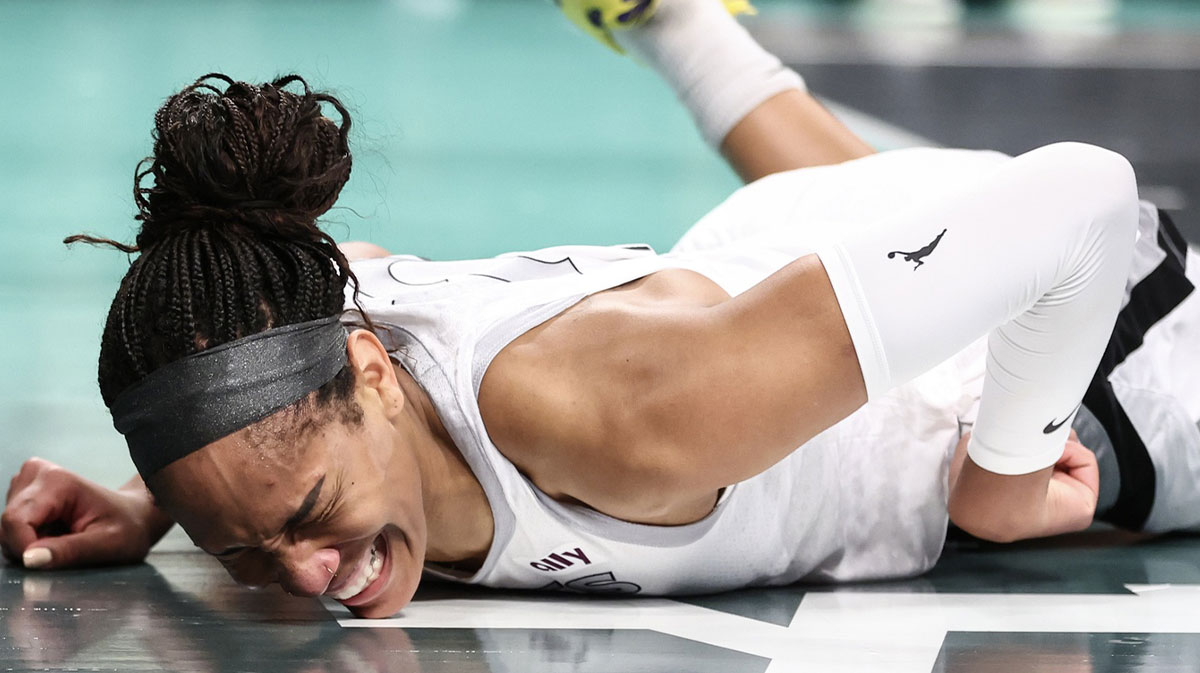 Las Vegas Aces center A'ja Wilson (22) reacts after getting fouled in the first quarter against the New York Liberty at Barclays Center.