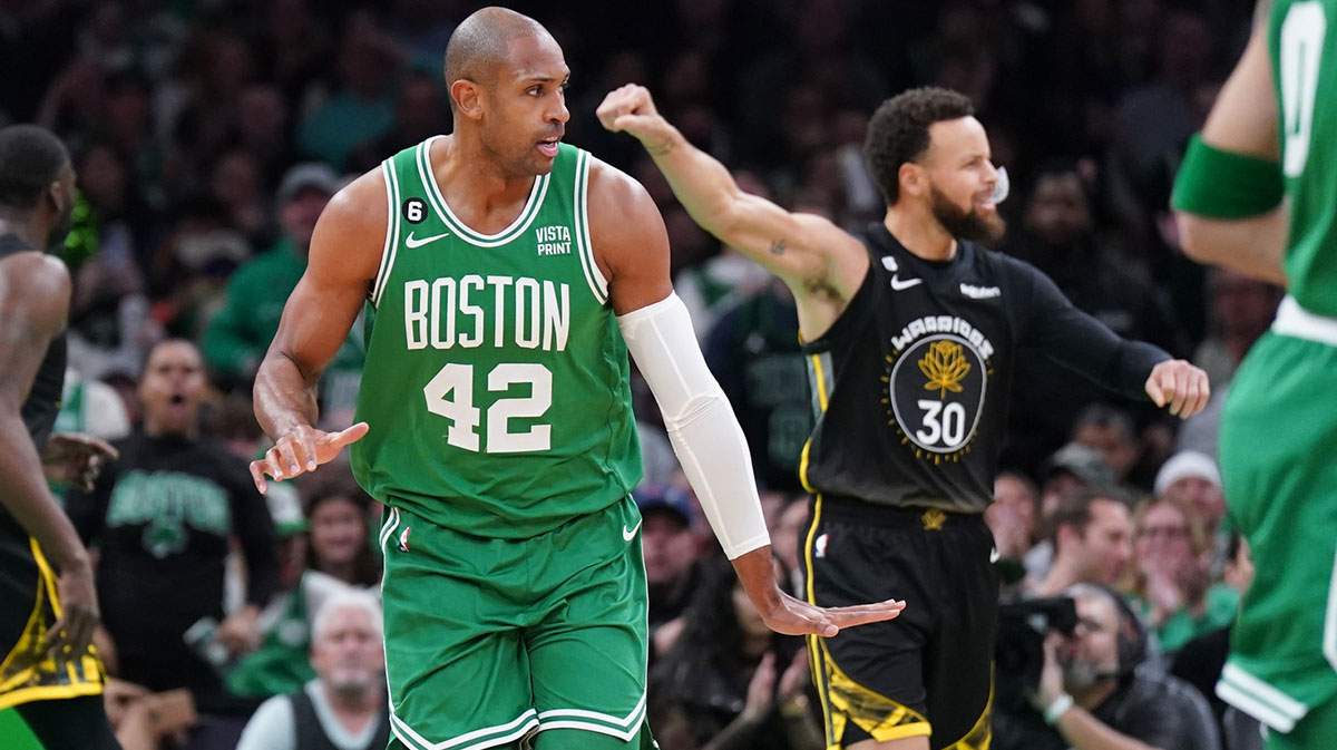 Boston Celtics center Al Horford (42) reacts after his basket against the Golden State Warriors in the first quarter at TD Garden.