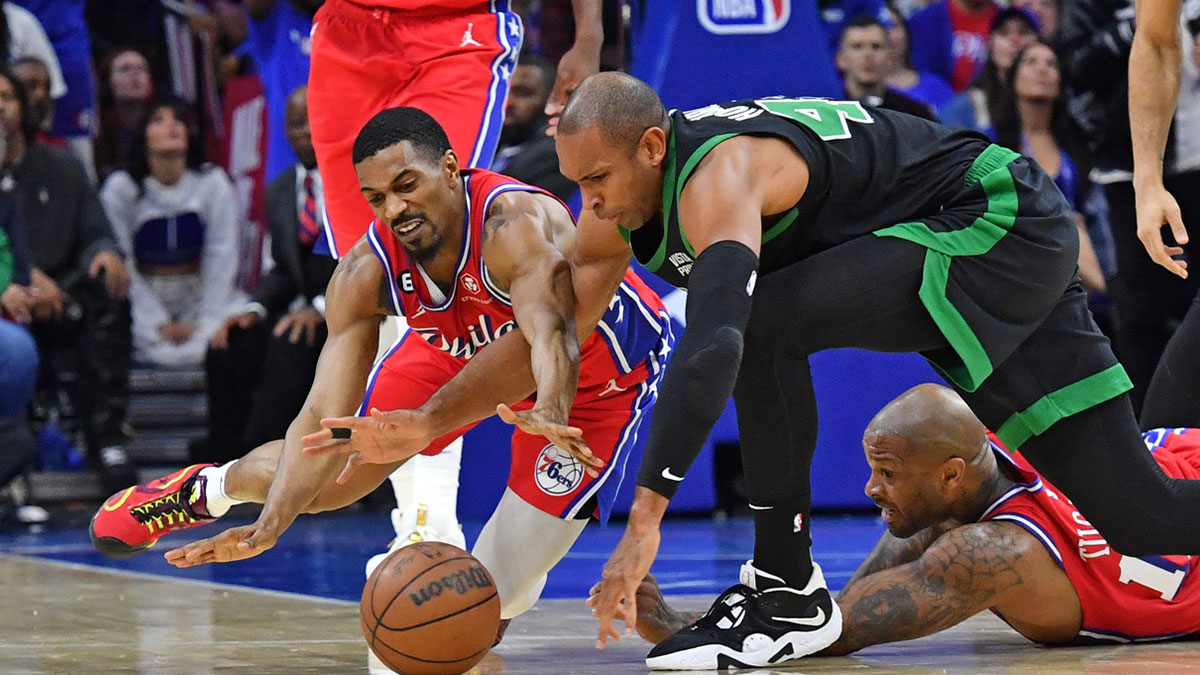 Philadelphia, Pennsylvania, USA; Philadelphia 76ers guard De'Anthony Melton (8) and Boston Celtics center Al Horford (42) battle for loose ball during the second quarter of game three of the 2023 NBA playoff at Wells Fargo Center.