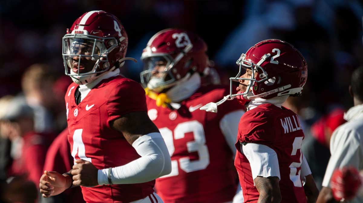 Alabama Crimson Tide quarterback Jalen Milroe (4) and wide receiver Ryan Williams (2) take the field during warm ups as Auburn Tigers take on Alabama Crimson Tide at Bryant-Denny Stadium in Tuscaloosa, Ala., on Saturday, Nov. 30, 2024.