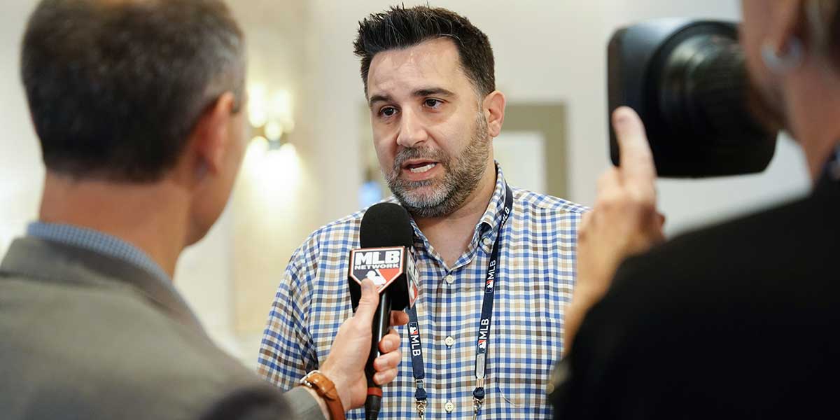 Atlanta Braves general manager Alex Anthopoulos answers questions from the media during the MLB GM Meetings at The Conrad Las Vegas.