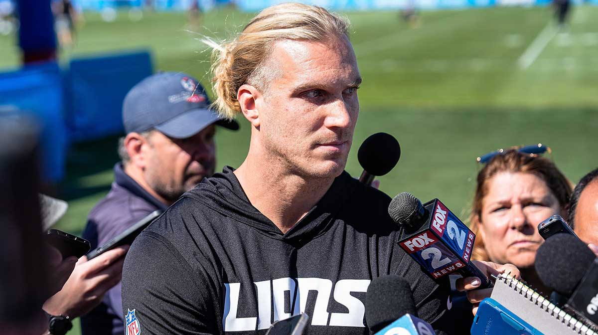 Detroit Lions linebacker Alex Anzalone (34) talks to media members after practice during training camp at Meijer Performance Center in Allen Park on Tuesday, July 22, 2025.