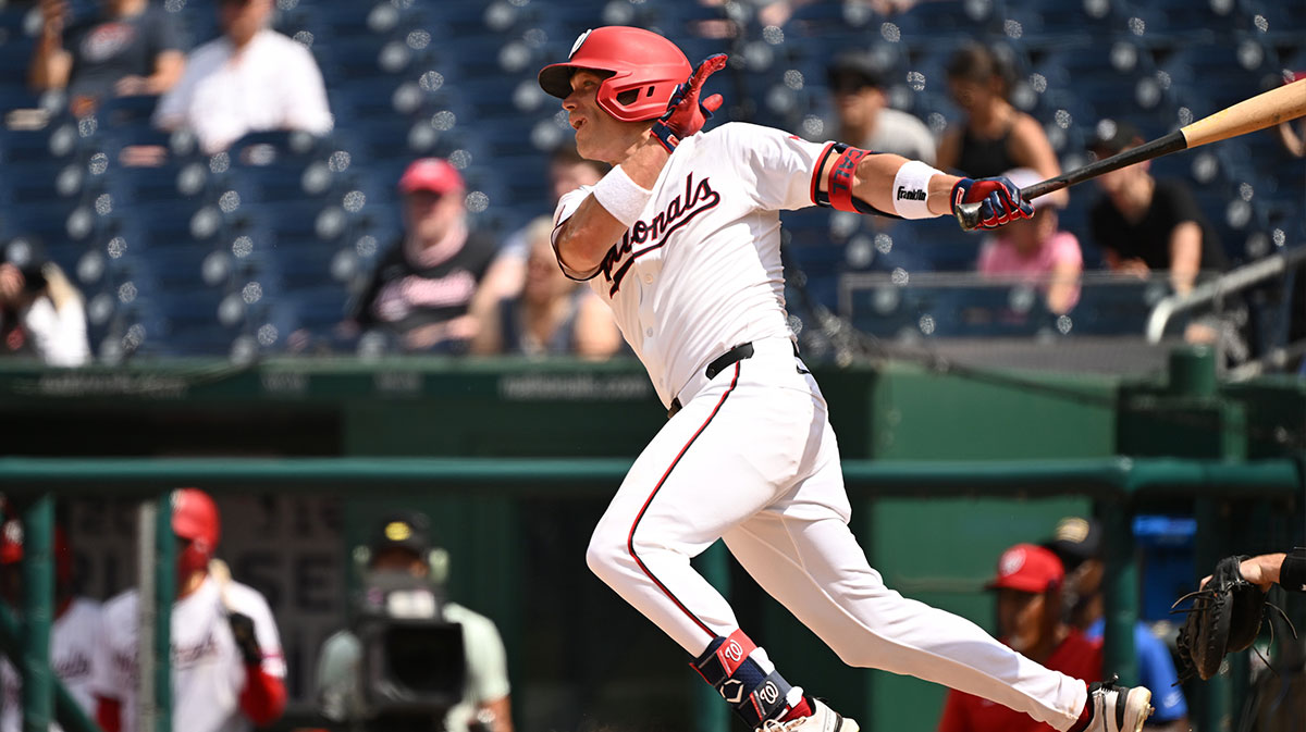 Washington Nationals right fielder Alex Call (17) hits the ball into play against the Detroit Tigers during the seventh inning at Nationals Park.