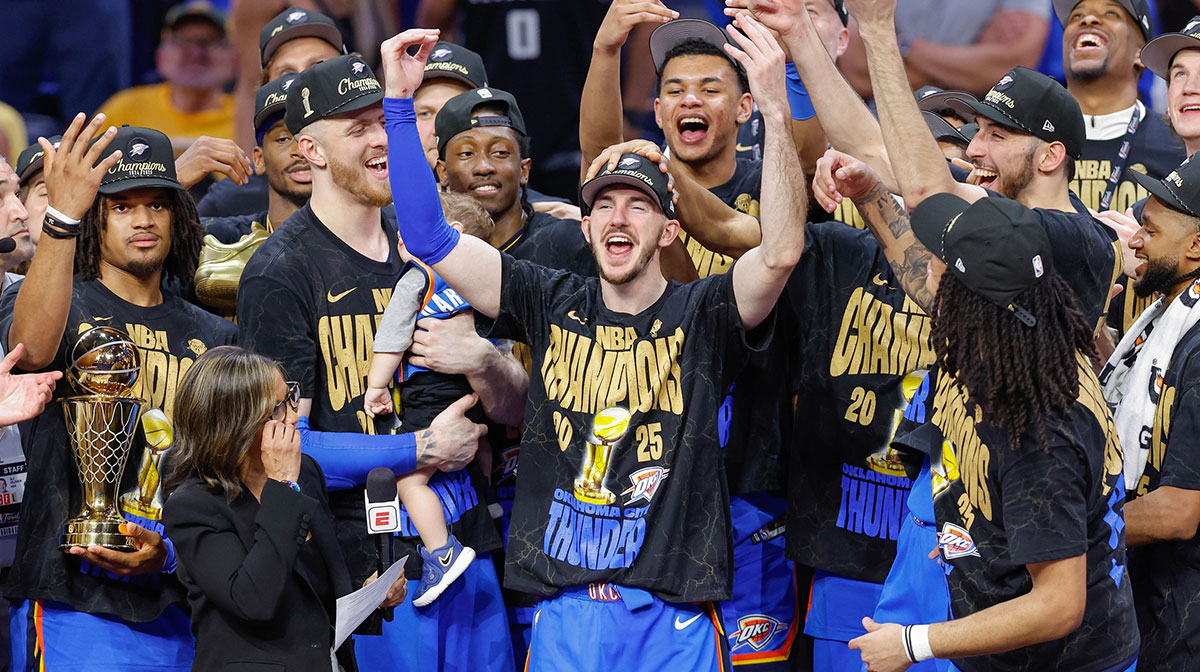Oklahoma City Thunder guard Alex Caruso (9) during the NBA Championship trophy presentation after game seven of the 2025 NBA Finals against the Indiana Pacers at Paycom Center.