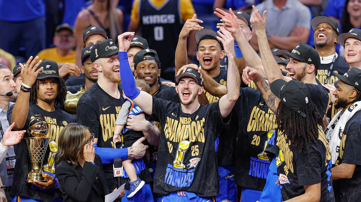 Oklahoma City Thunder guard Alex Caruso (9) during the NBA Championship trophy presentation after game seven of the 2025 NBA Finals against the Indiana Pacers at Paycom Center.