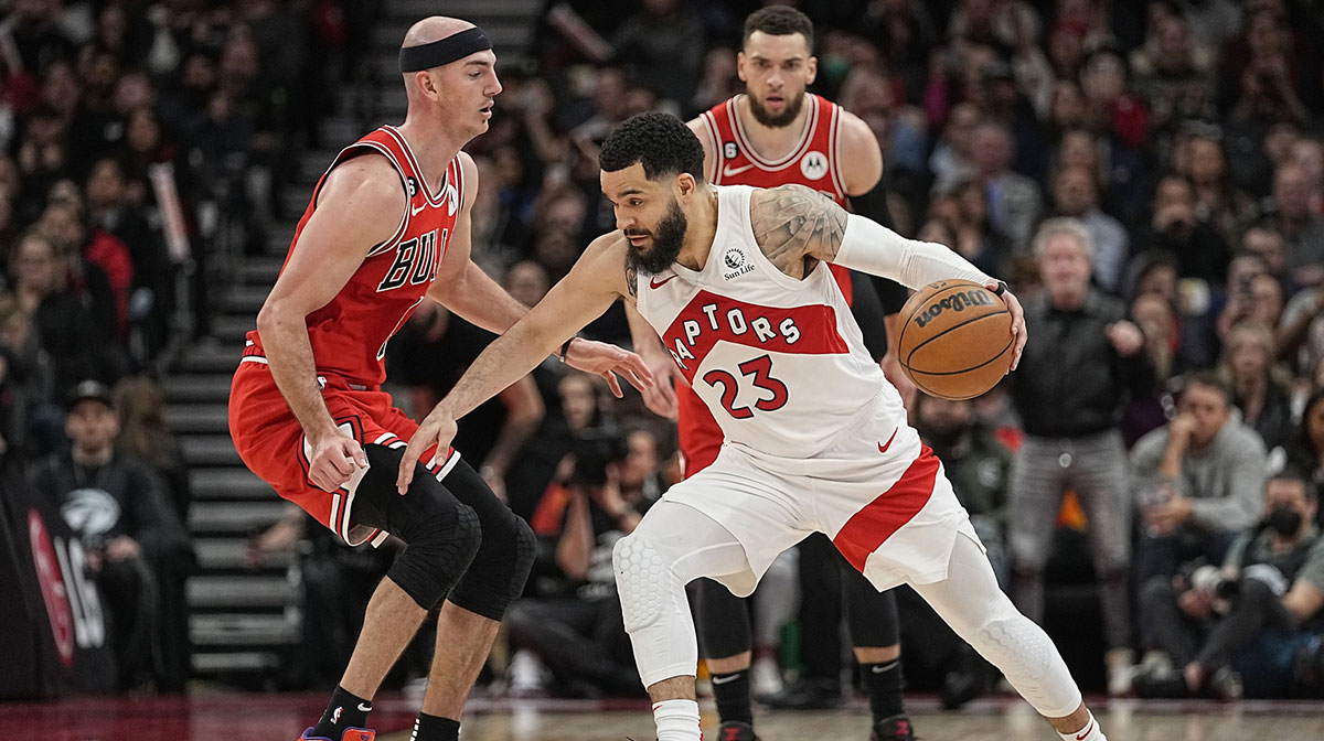 Toronto Raptors guard Fred VanVleet (23) drives to the against Chicago Bulls guard Alex Caruso (6) during the second half at Scotiabank Arena.