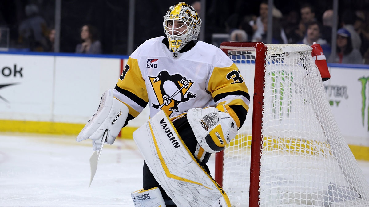 Pittsburgh Penguins goaltender Alex Nedeljkovic (39) tends net against the New York Rangers during the second period at Madison Square Garden.