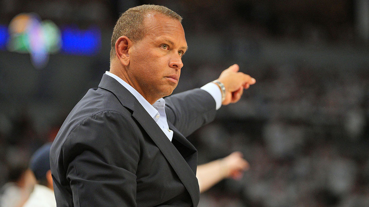 Minnesota Timberwolves co-owner Alex Rodriguez reacts against the Oklahoma City Thunder during the first half in game three of the western conference finals for the 2025 NBA Playoffs at Target Center.