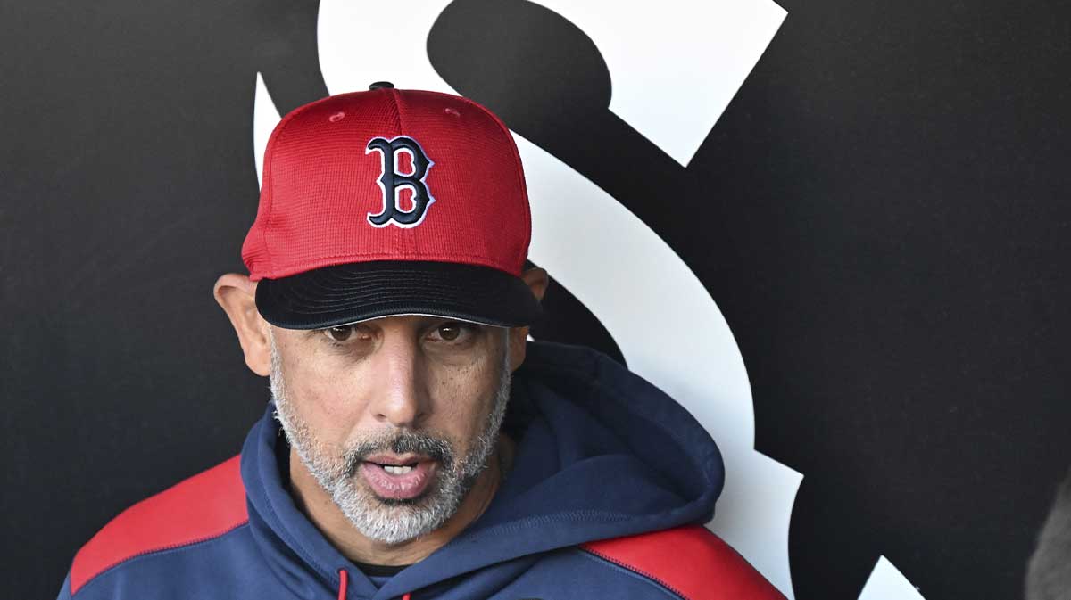 Boston Red Sox manager Alex Cora (13) talks with the media before the teamís game against the Chicago White Sox at Guaranteed Rate Field.
