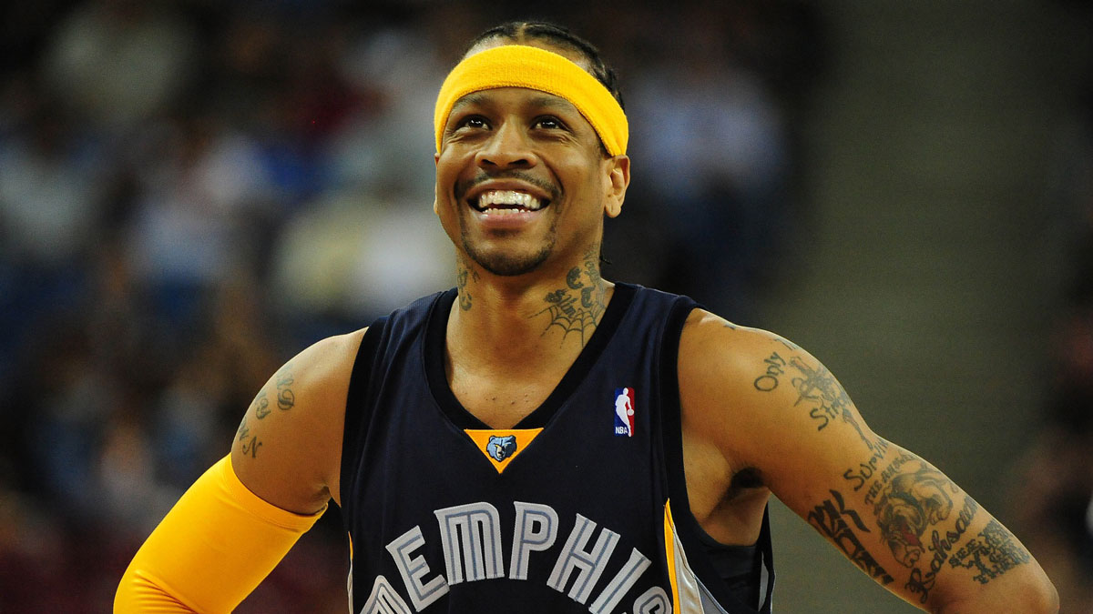 Memphis Grizzlies guard Allen Iverson (3) smiles during the first quarter against the Sacramento Kings at Arco Arena.
