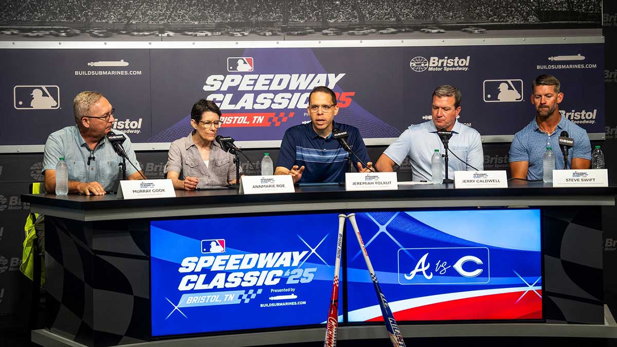 From left, Murray Cook, Annmarie Roe, Jeremiah Yolkut, Jerry Caldwell and Steve Swift during a media event at Bristol Motor Speedway on June 24, 2025, ahead of the MLB Speedway Classic game between the Atlanta Braves and the Cincinnati Reds held at the racetrack.