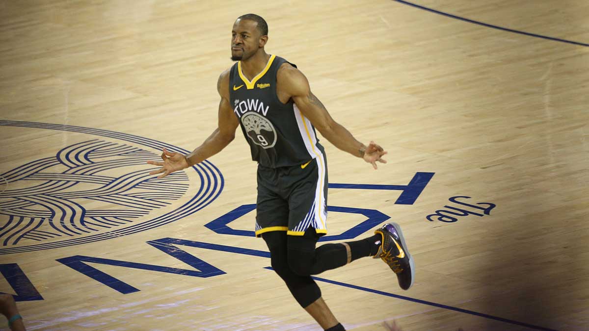 Golden State Warriors guard Andre Iguodala (9) reacts during the second half in game six of the 2019 NBA Finals against the Toronto Raptors at Oracle Arena.