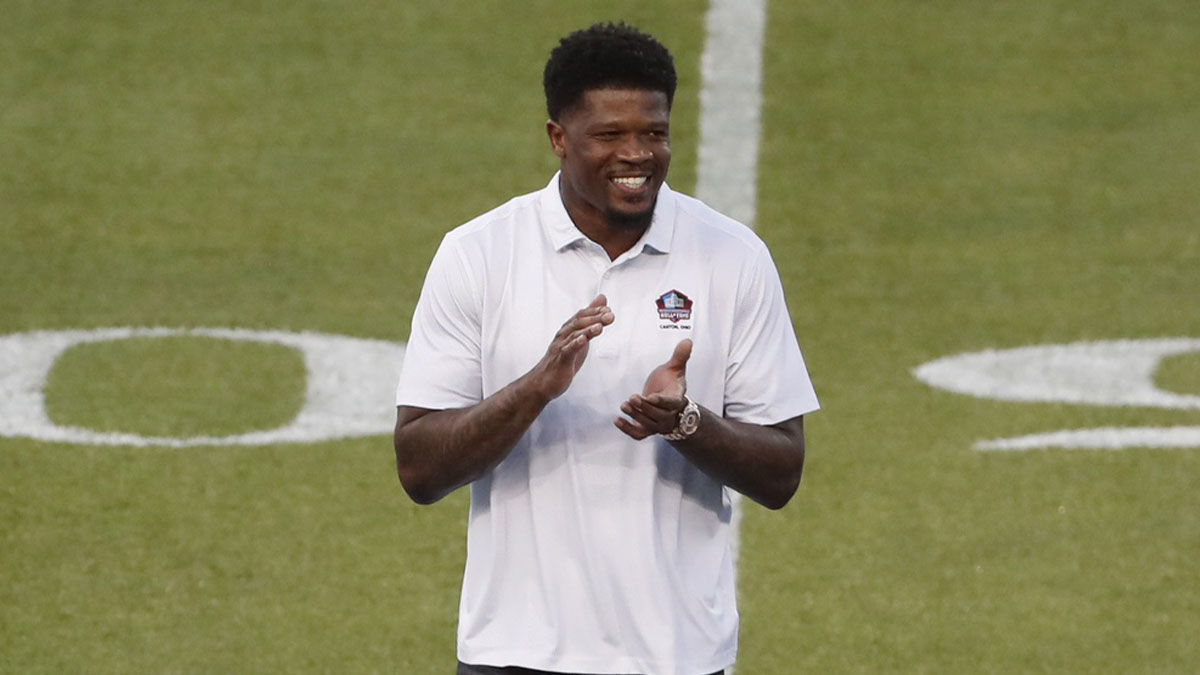 Professional Football Hall of Fame inductee Andre Johnson is introduced before the Chicago Bears play the Houston Texans at Tom Benson Hall of Fame Stadium.