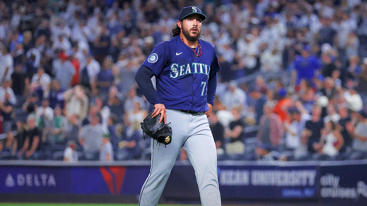 Seattle Mariners relief pitcher Andres Munoz (75) reacts after the ninth inning against the New York Yankees at Yankee Stadium