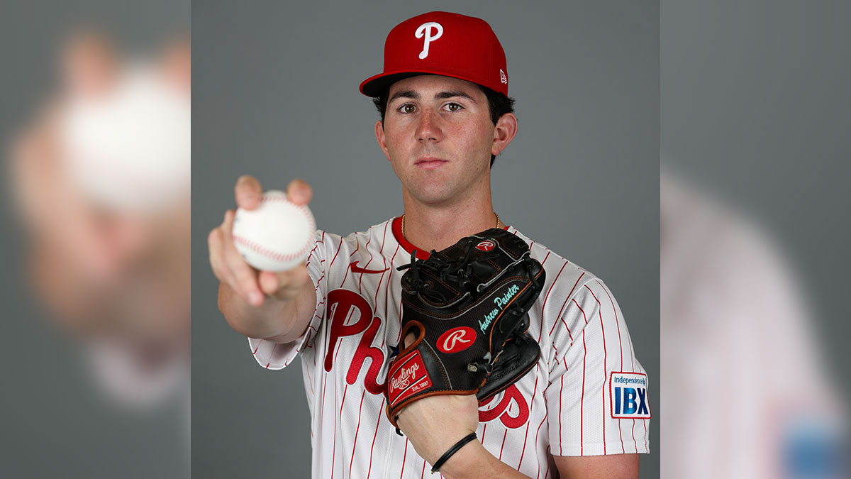 Philadelphia Phillies pitcher Andrew Painter (76) participates in media day at BayCare Ballpark.