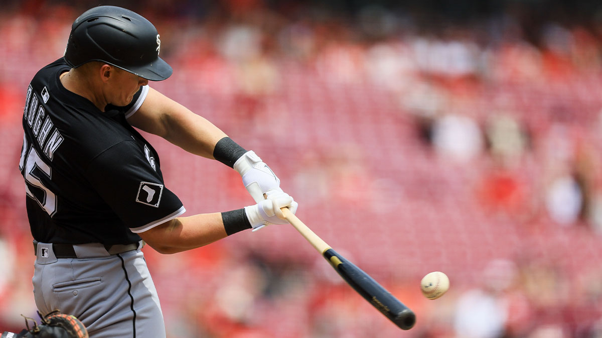 Chicago White Sox designated hitter Andrew Vaughn (25) bats against the Cincinnati Reds in the seventh inning at Great American Ball Park.
