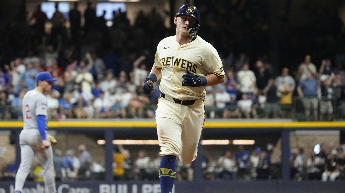 Milwaukee Brewers first baseman Andrew Vaughn (28) rounds the bases after hitting a home run against the Chicago Cubs in the sixth inning at American Family Field.