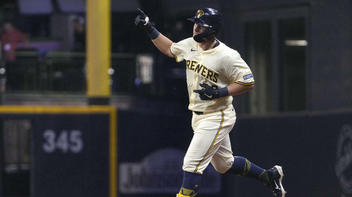 Jul 29, 2025; Milwaukee, Wisconsin, USA; Milwaukee Brewers first baseman Andrew Vaughn (28) rounds the bases after hitting a home run against the Chicago Cubs in the sixth inning at American Family Field. Mandatory Credit: Michael McLoone-Imagn Images