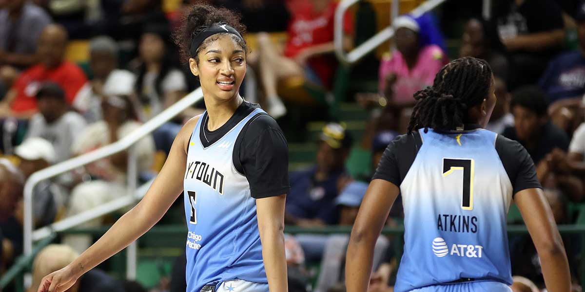 Chicago Sky forward Angel Reese (5) looks on during the second half against the Washington Mystics at EagleBank Arena.